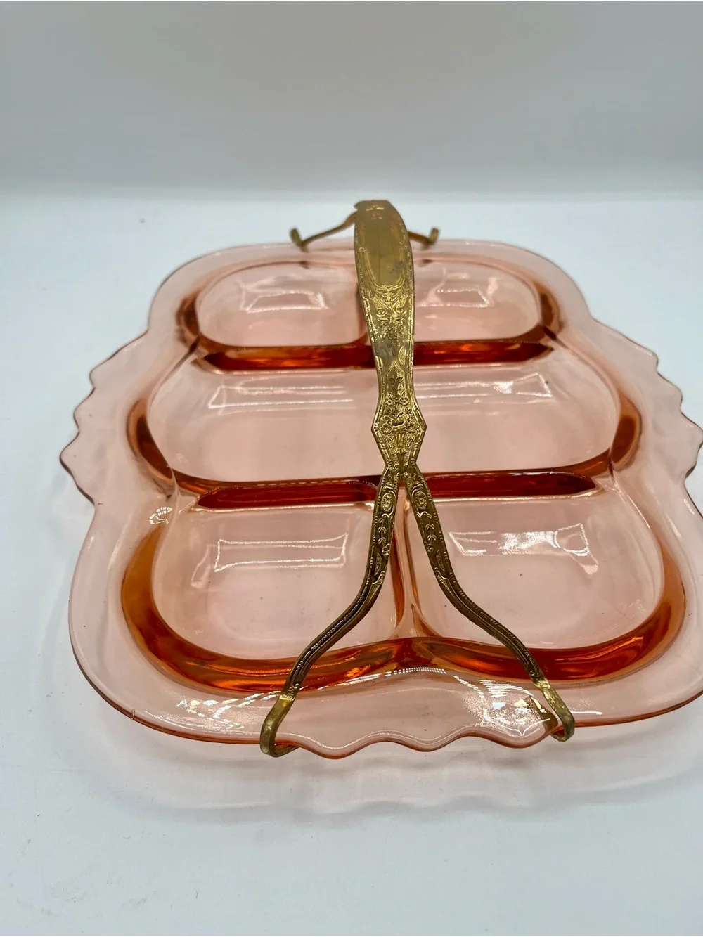 Vintage Pink Glass Divided Serving Tray with Handle from